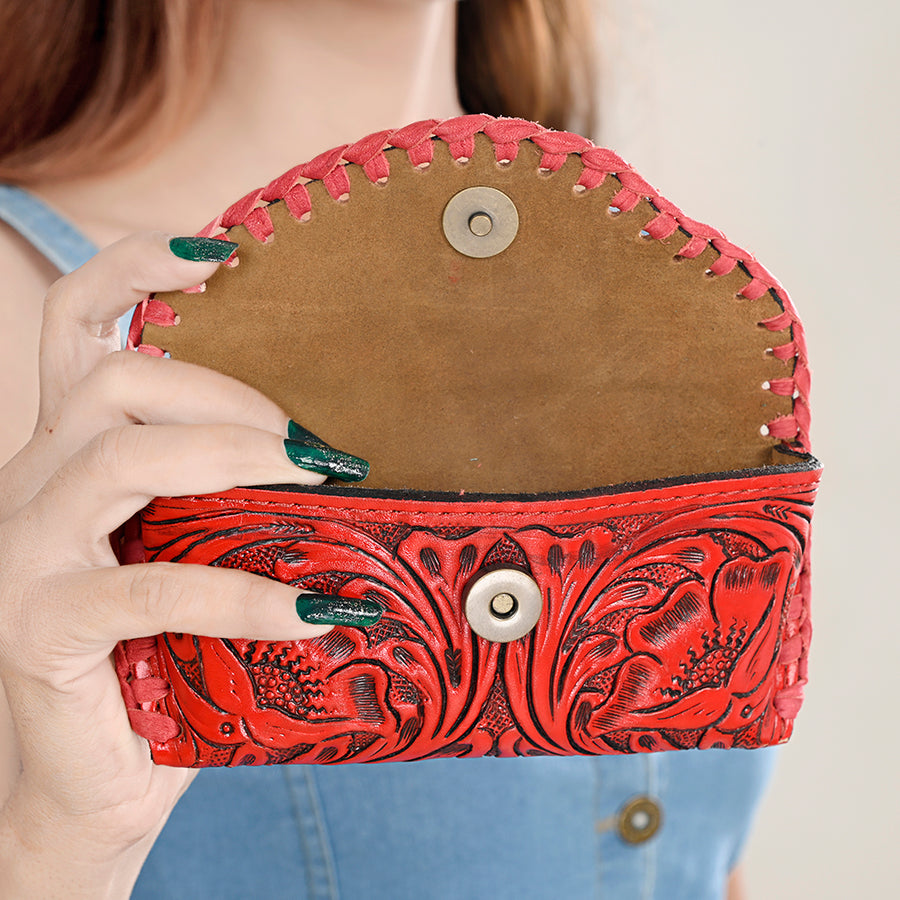 American Darling Western Sunglass Case Hand Tooled Floral Carved Genuine Leather 3in (H) X 6.5in (W) X 1in (D)