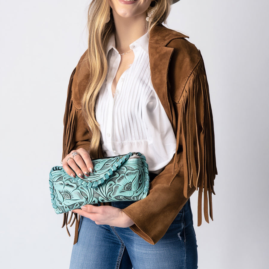 American Darling Western Sunglass Case Hand Tooled Floral Carved Genuine Leather 3in (H) X 6.5in (W) X 1in (D)