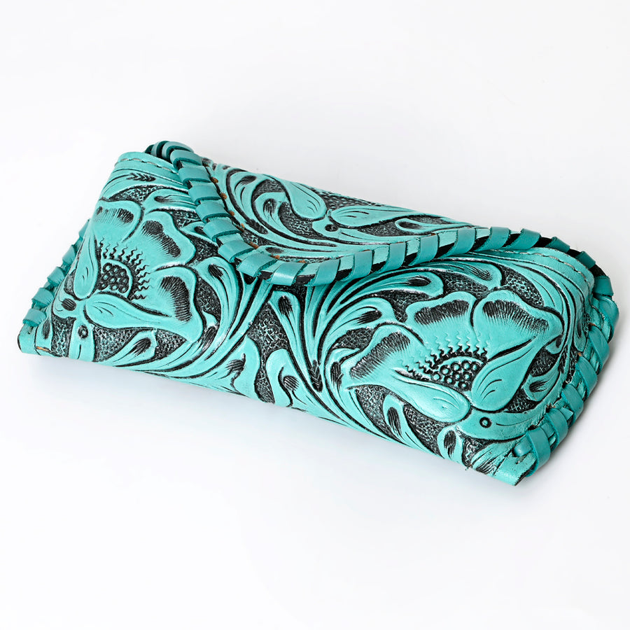 American Darling Western Sunglass Case Hand Tooled Floral Carved Genuine Leather 3in (H) X 6.5in (W) X 1in (D)