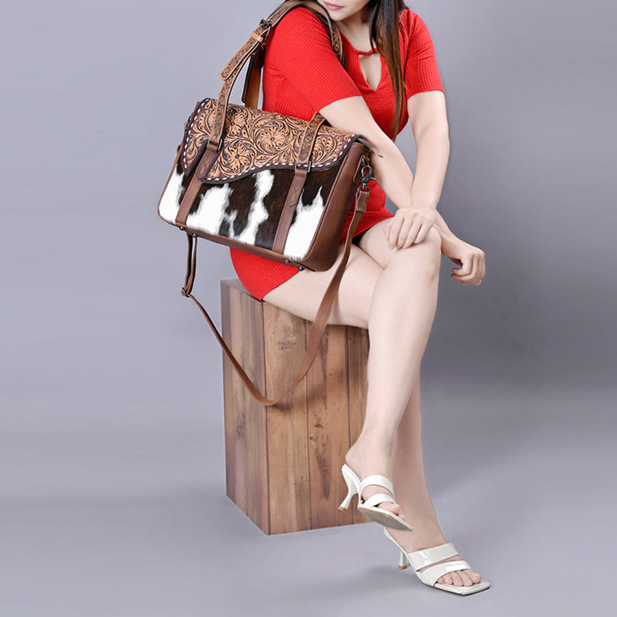 American Darling Hair-On Cowhide Western Tote Bag with Hand-Tooled Leather, Floral Carved Strap, Premium Genuine Leather