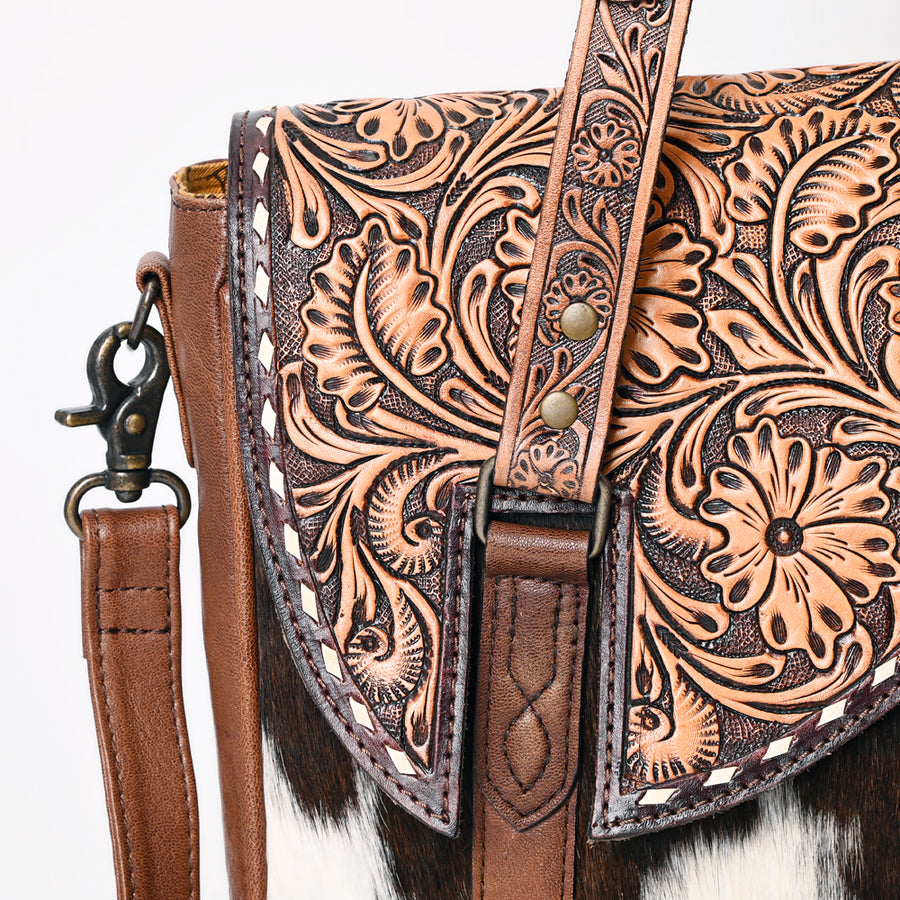 American Darling Hair-On Cowhide Western Tote Bag with Hand-Tooled Leather, Floral Carved Strap, Premium Genuine Leather
