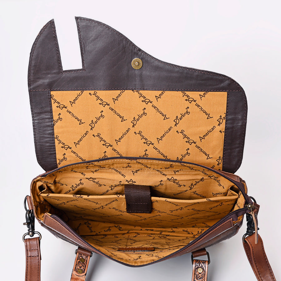 American Darling Hair-On Cowhide Western Tote Bag with Hand-Tooled Leather, Floral Carved Strap, Premium Genuine Leather