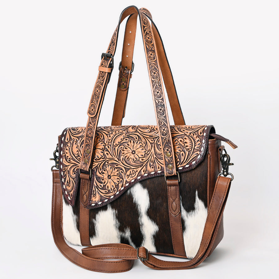 American Darling Western Hair-On Cowhide Tote Bag with Hand-Tooled Leather and Floral Carved Strap - Uhorse