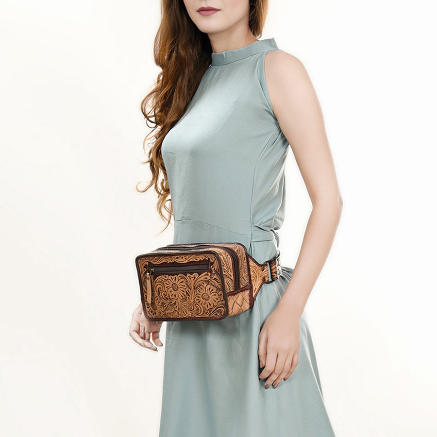 American Darling Western Fanny Pack, Hand-Tooled Floral Carved Genuine Leather Waist Bag with Multi-Pocket Design for Everyday Carry