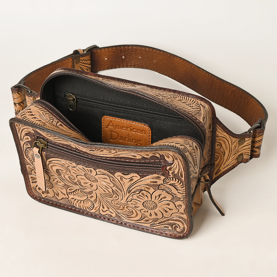 American Darling Western Fanny Pack, Hand-Tooled Floral Carved Genuine Leather Waist Bag with Multi-Pocket Design for Everyday Carry