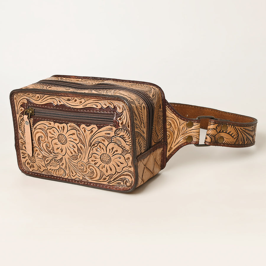 American Darling Western Hand-Tooled Leather Fanny Pack | Floral Carved Genuine Leather Waist Bag - Uhorse