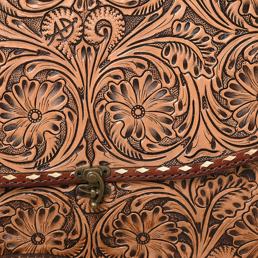 American Darling Western Hand-Tooled Leather Briefcase Bag – Floral Carved Genuine Leather Work Tote with Adjustable Strap & Top Handle