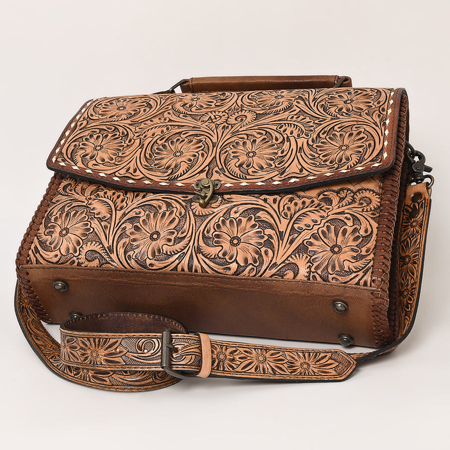 American Darling Western Hand-Tooled Leather Briefcase Bag – Floral Carved Genuine Leather Work Tote with Adjustable Strap & Top Handle