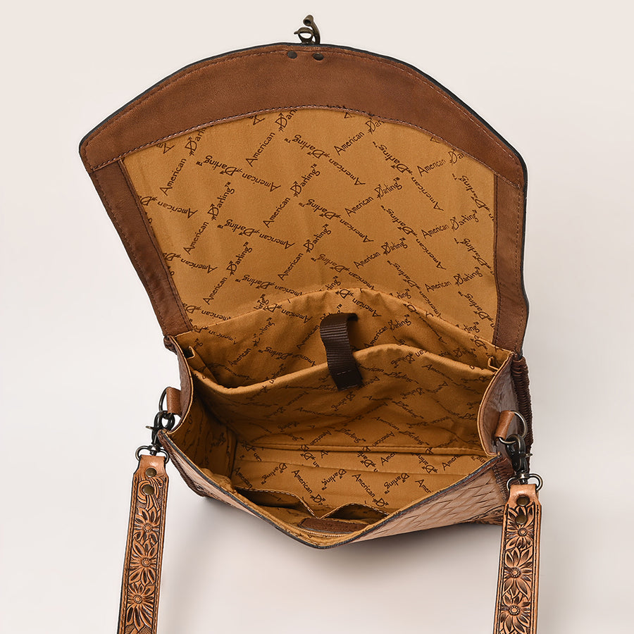 American Darling Western Hand-Tooled Leather Briefcase Bag – Floral Carved Genuine Leather Work Tote with Adjustable Strap & Top Handle