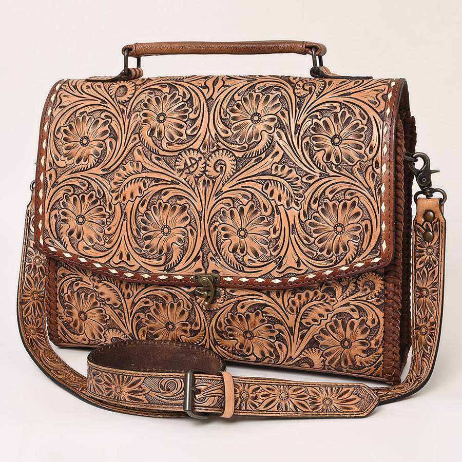 American Darling Western Hand-Tooled Leather Briefcase Bag | Floral Carved Genuine Leather Work Tote - Uhorse