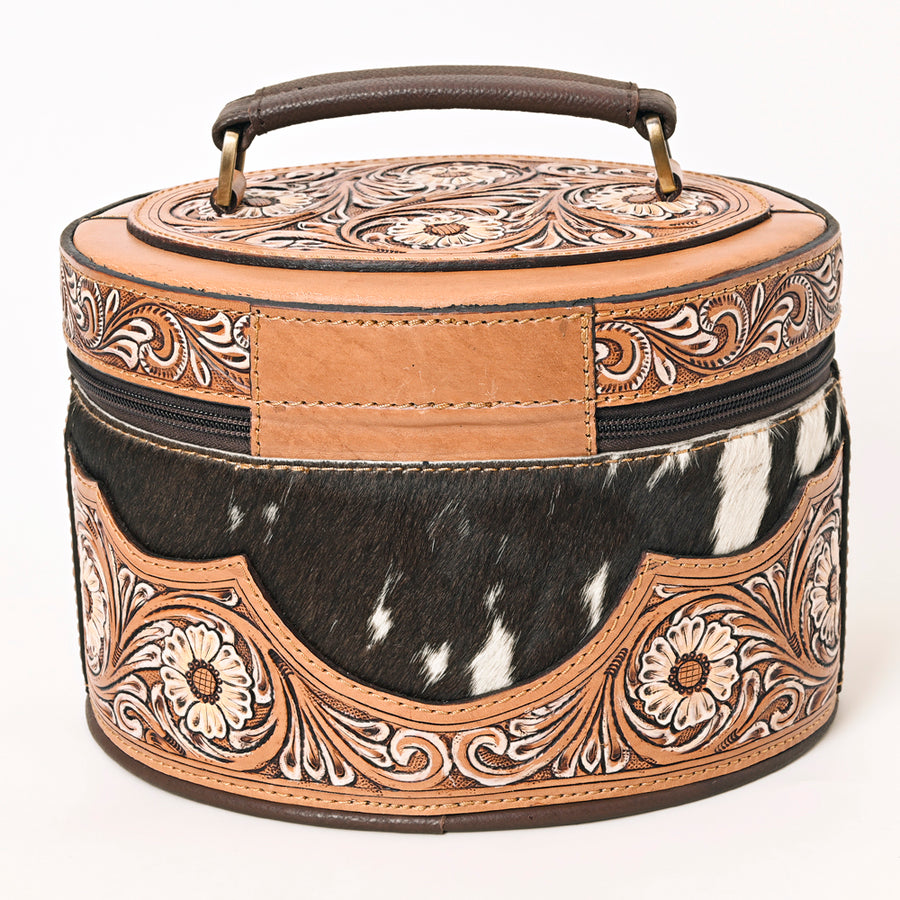 American Darling Hand Tooled Floral Carved Leather Jewelry case Hair-On Cowhide Vegetable-Tanned Genuine Leather YKK Zipper