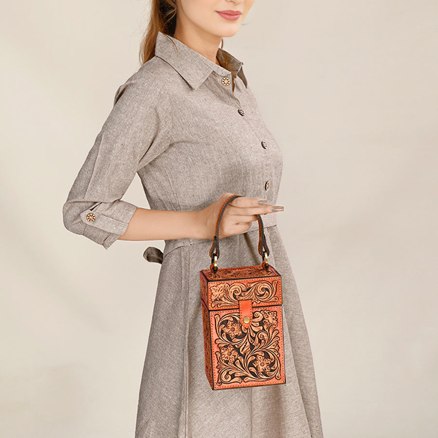 American Darling Hand Tooled Floral Carved Leather Jewelry Case Vegetable-Tanned Genuine Leather YKK Zipper Western Accessory Box