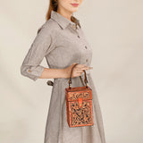 American Darling Hand Tooled Floral Carved Leather Jewelry Case Vegetable-Tanned Genuine Leather YKK Zipper Western Accessory Box