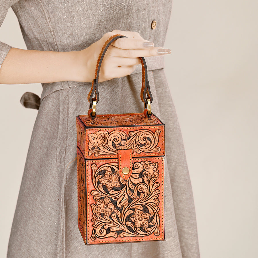 American Darling Hand Tooled Floral Carved Leather Jewelry Case Vegetable-Tanned Genuine Leather YKK Zipper Western Accessory Box