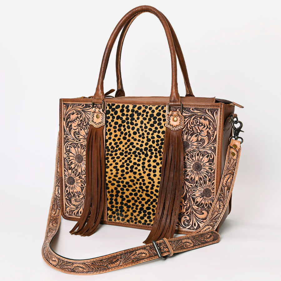 American Darling Western Tote Bag - Handcrafted Hair-On Cowhide and Hand Tooled Leather - Uhorse