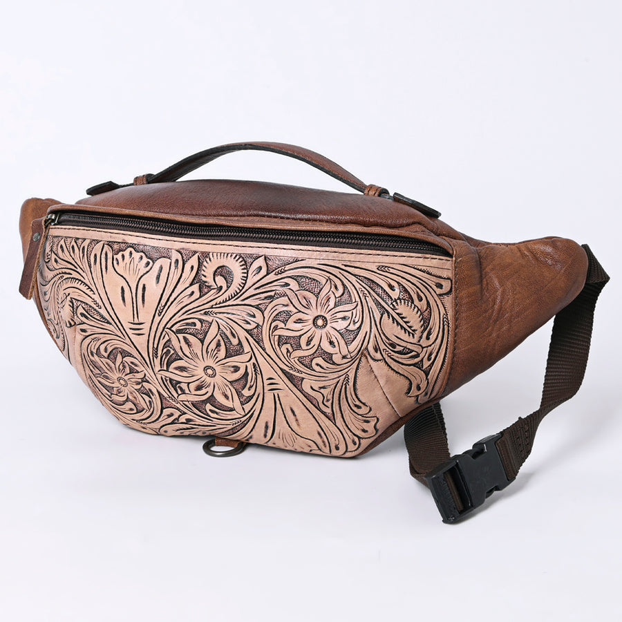 American Darling Western Hand-Tooled Leather Fanny Pack - Floral Carved Genuine Leather Belt Bag - Uhorse