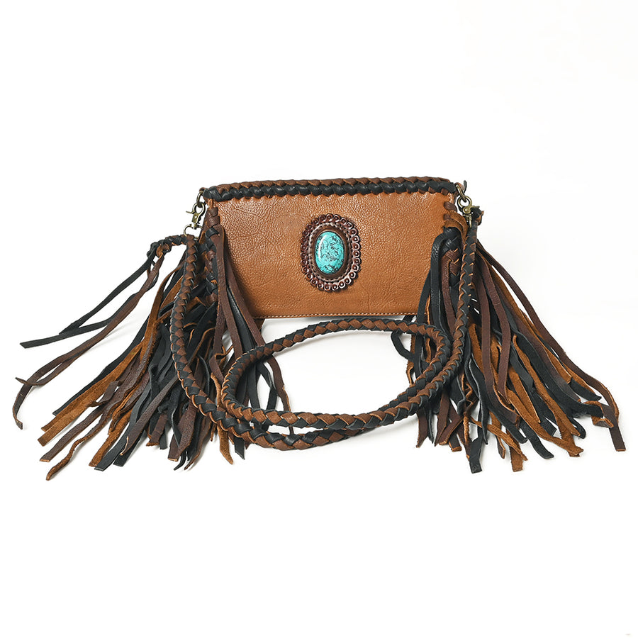 American Darling Small Cross body Bag Western Hair-On Cowhide Genuine Leather Handcrafted Purse with Fringes and Turquoise