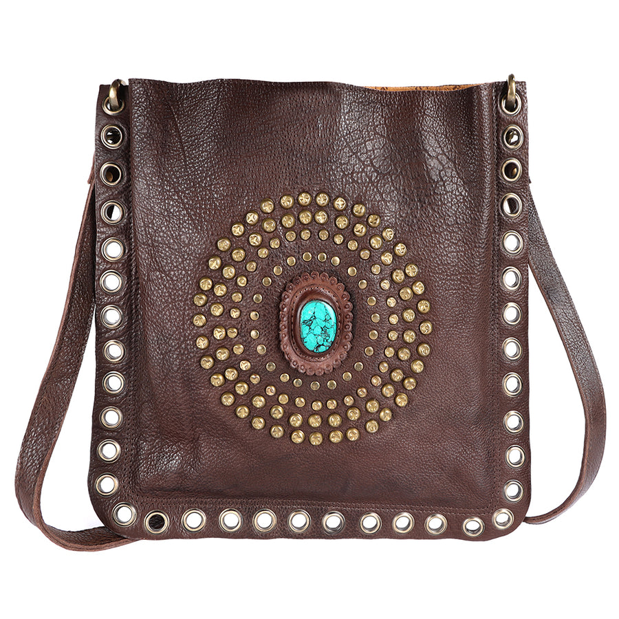 American Darling Large Cross body Bag Western Genuine Leather Handcrafted Purse with Rivets and Turquoise Stone
