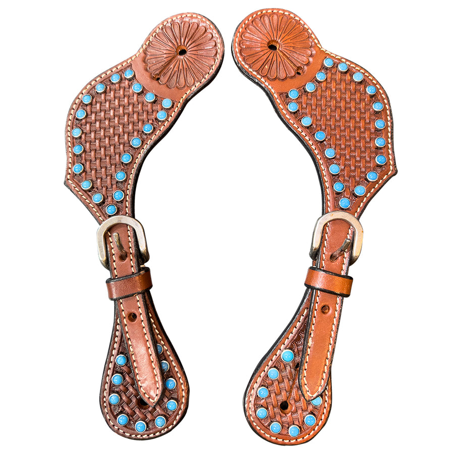 HILASON W. Unisex Spur Straps for H. Riding Basket Turquoise Studds – by Hilason – Cowboy and equestrian accessories