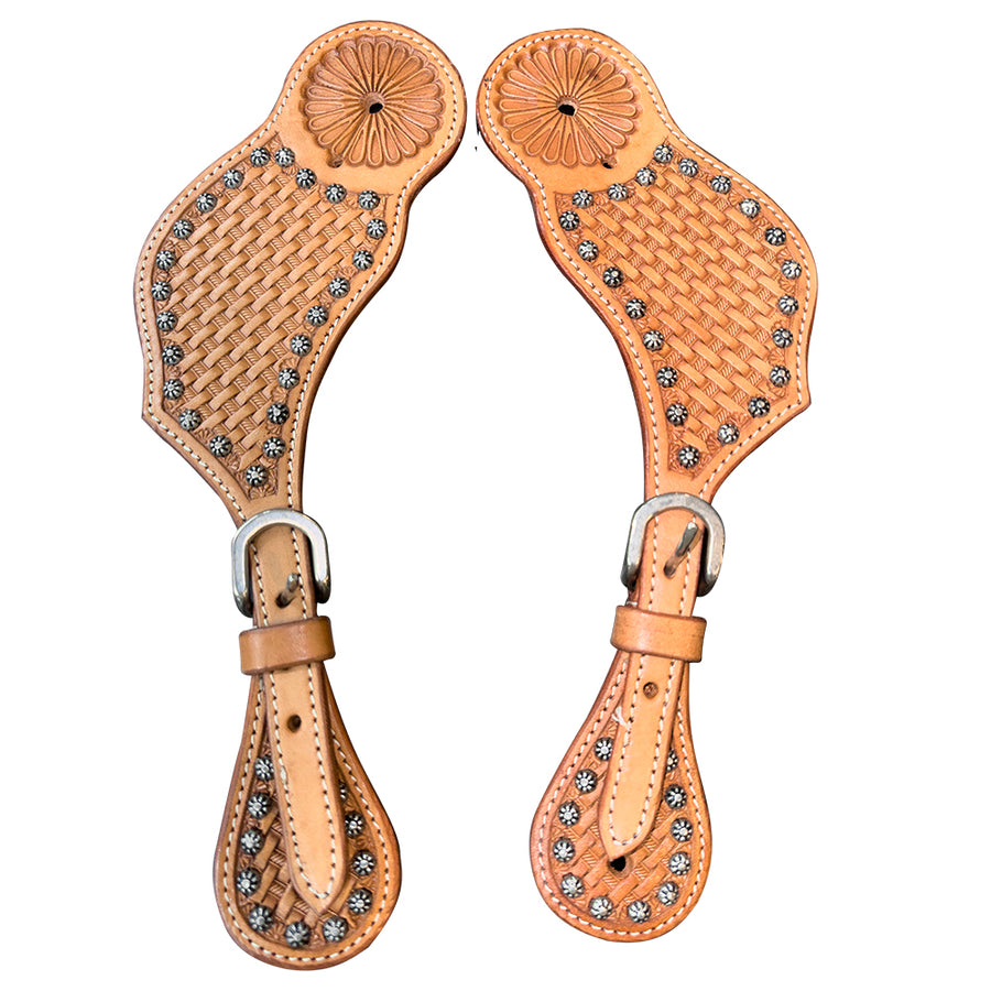 HILASON W. Unisex Spur Strap for H. Riding Tan Basket Tooled Studds – by Hilason – Cowboy and equestrian accessories