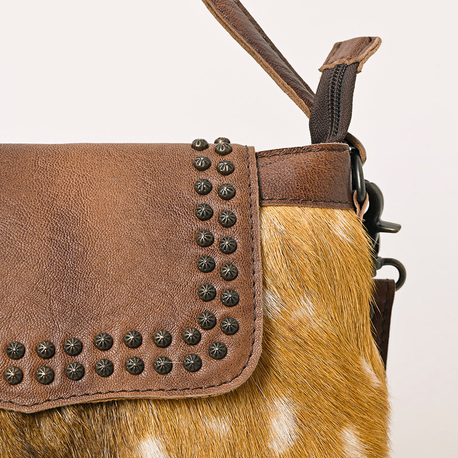 American Darling Western Hair-On Cowhide Shoulder Bag – Genuine Leather, Studded Flap, Adjustable Strap, Premium Handcrafted Design