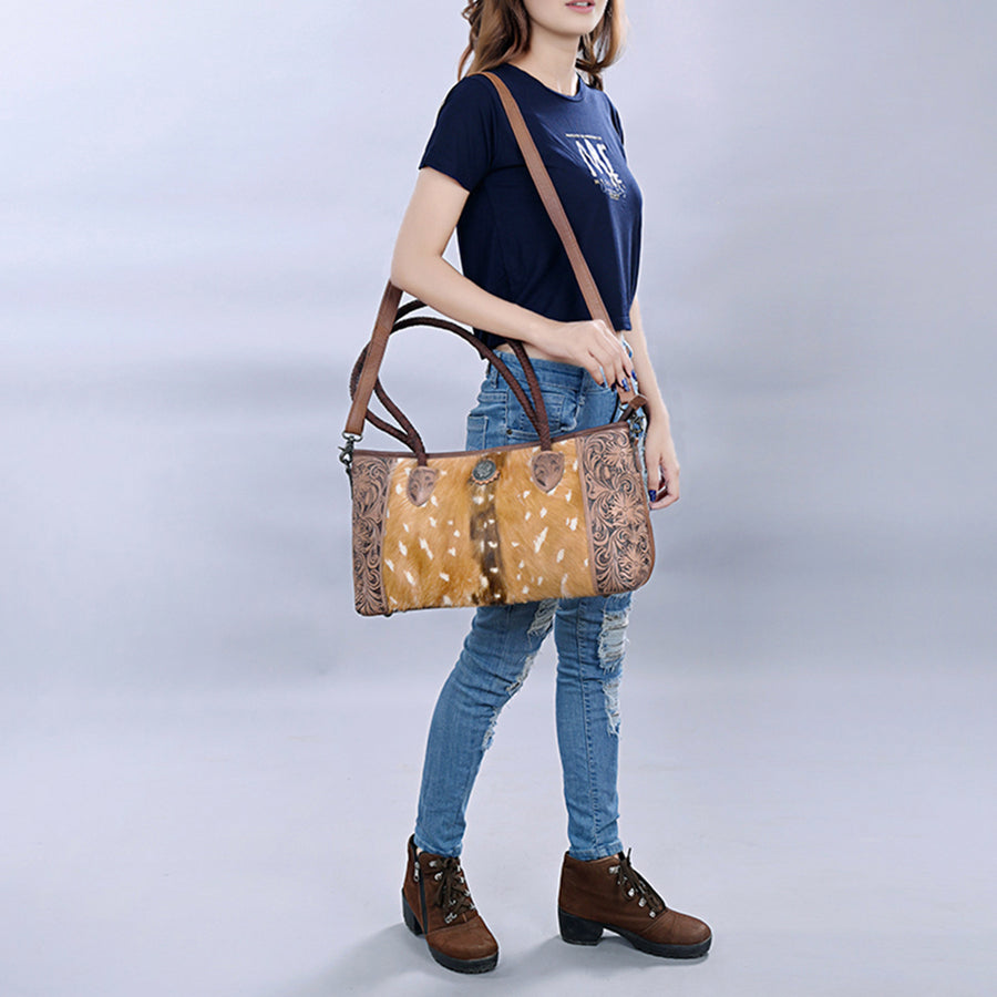 American Darling Western Tote Bag with Hair-On Cowhide, Hand-Tooled Leather, Dual Handles & Removable Strap – Genuine Leather