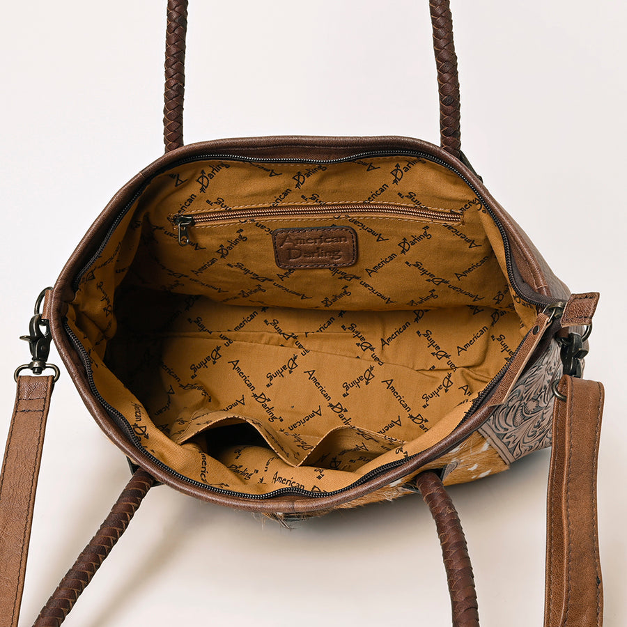 American Darling Western Tote Bag with Hair-On Cowhide, Hand-Tooled Leather, Dual Handles & Removable Strap – Genuine Leather