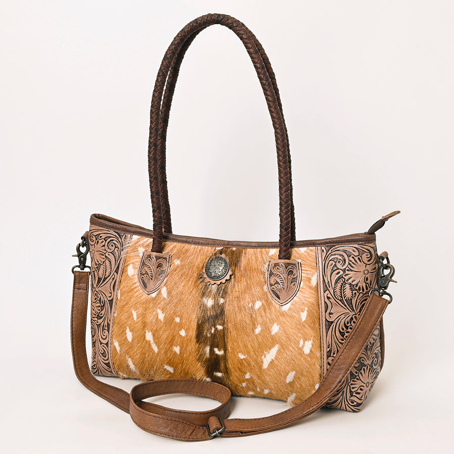 American Darling Western Hair-On Cowhide Tote Bag with Hand-Tooled Leather and Dual Carry Handles - Uhorse