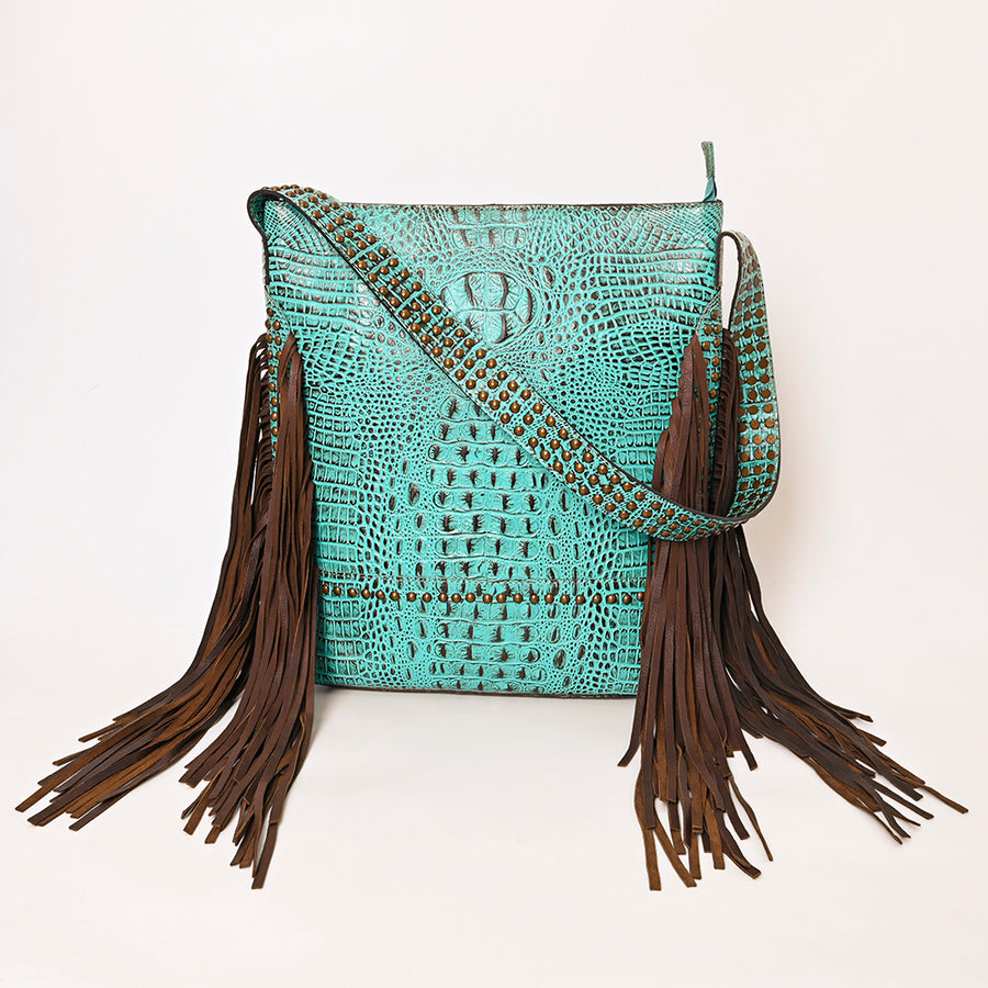 American Darling Women’s Crocodile Embossed Genuine Leather Western Fringe Shoulder Bag with Long Strap 16in (H) X 12in (W) X 4in (D)