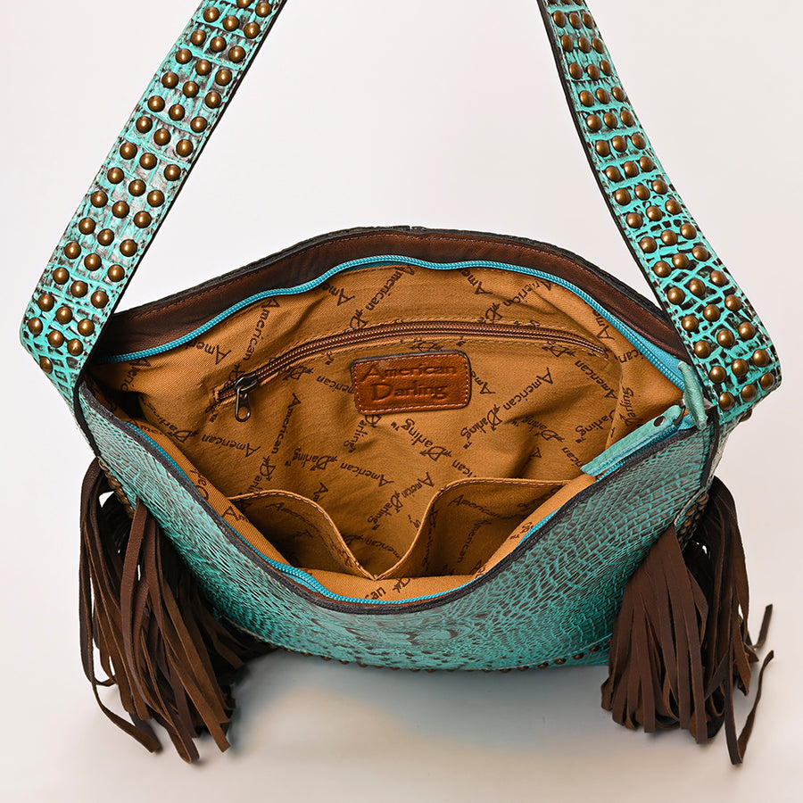 American Darling Women’s Crocodile Embossed Genuine Leather Western Fringe Shoulder Bag with Long Strap 16in (H) X 12in (W) X 4in (D)