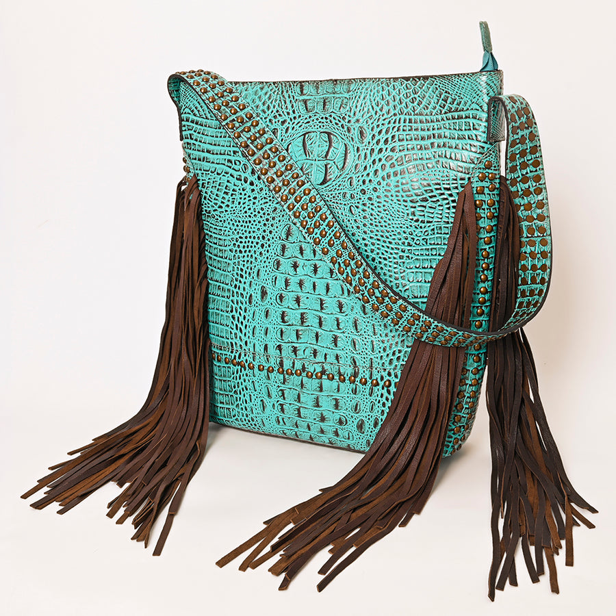American Darling Crocodile Embossed Genuine Leather Western Fringe Shoulder Bag - Uhorse