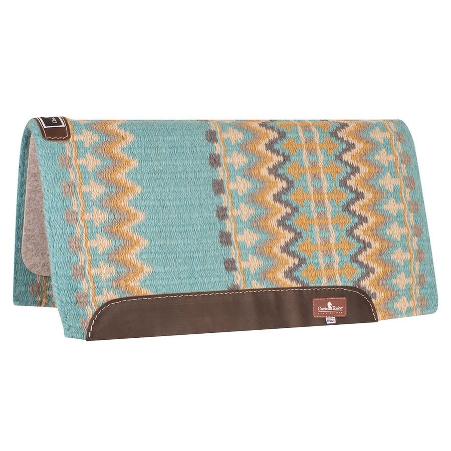 Turquoise wool saddle pad with geometric pattern and brown leather binding - Uhorse