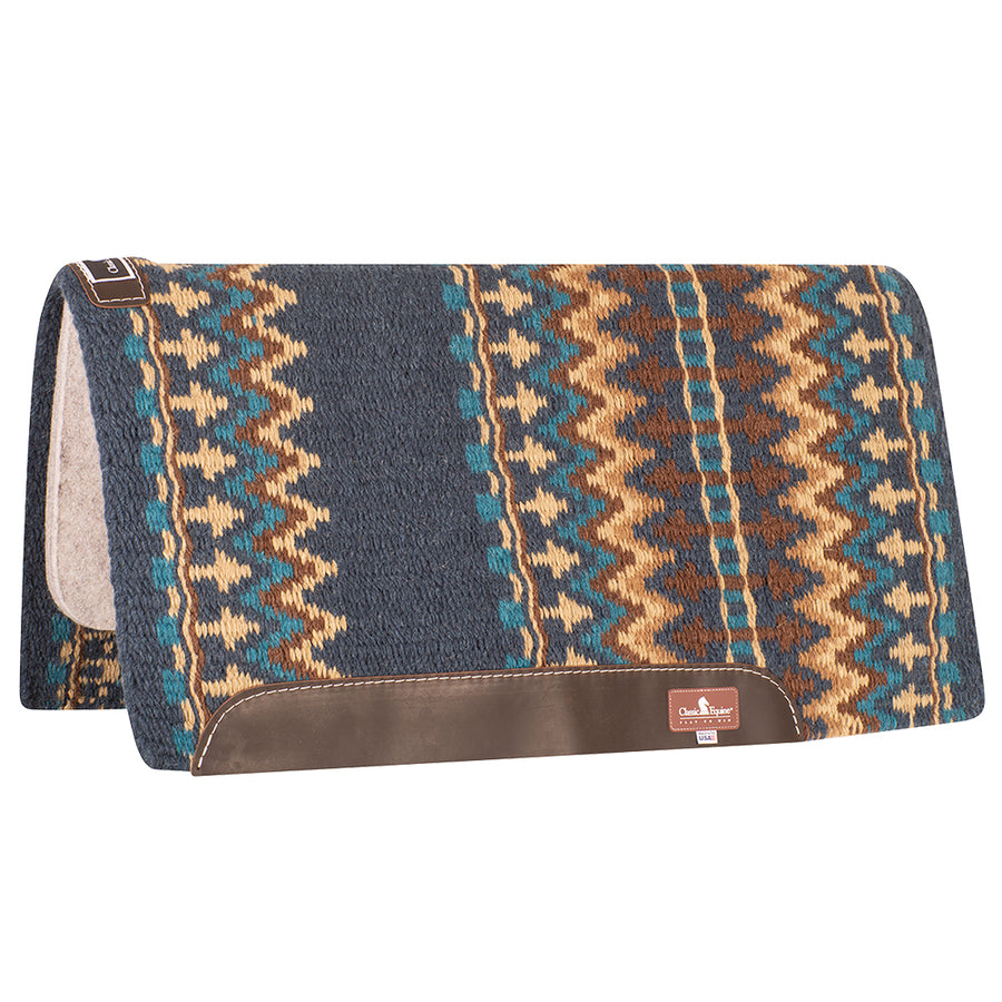 Wool saddle blanket with geometric pattern in navy, tan, and teal - Uhorse