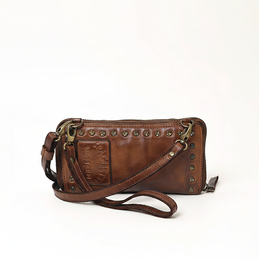 Spaghetti Western Swc212Brn Wallet Vintage Handmade Drum Dyed Genuine European Cowhide Leather Women Bag Western Handbag Purse