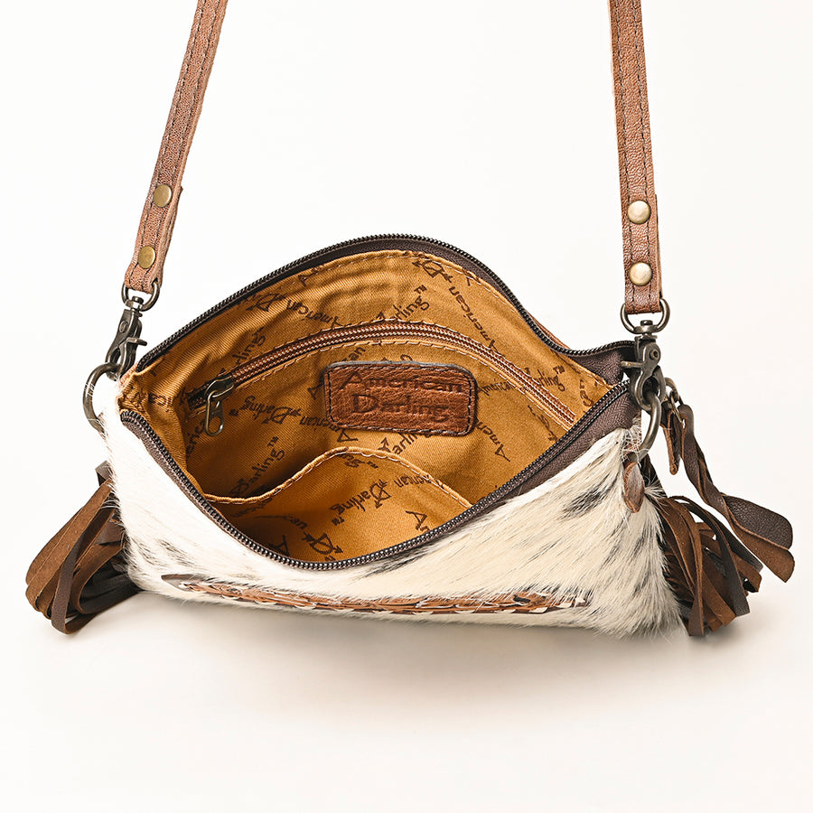 American Darling Western Small Crossbody Bag – Genuine Hair-On Cowhide Leather with Fringes, Adjustable Strap, Handcrafted in Texas