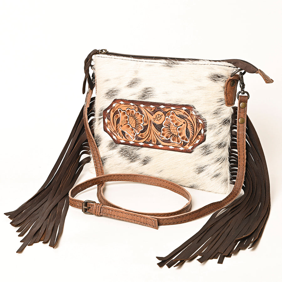 American Darling Hair-On Cowhide and Hand-Tooled Leather Western Crossbody Bag with Fringes - Uhorse