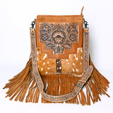 American Darling Messenger Bag, Hand Tooled Floral Leather, Hair-On Cowhide with Fringes, Western Crossbody Travel Purse