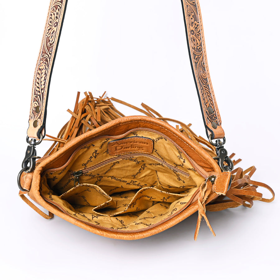 American Darling Messenger Bag, Hand Tooled Floral Leather, Hair-On Cowhide with Fringes, Western Crossbody Travel Purse