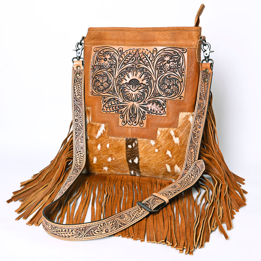 American Darling Messenger Bag - Hand Tooled Floral Leather and Hair-On Cowhide Purse - Uhorse