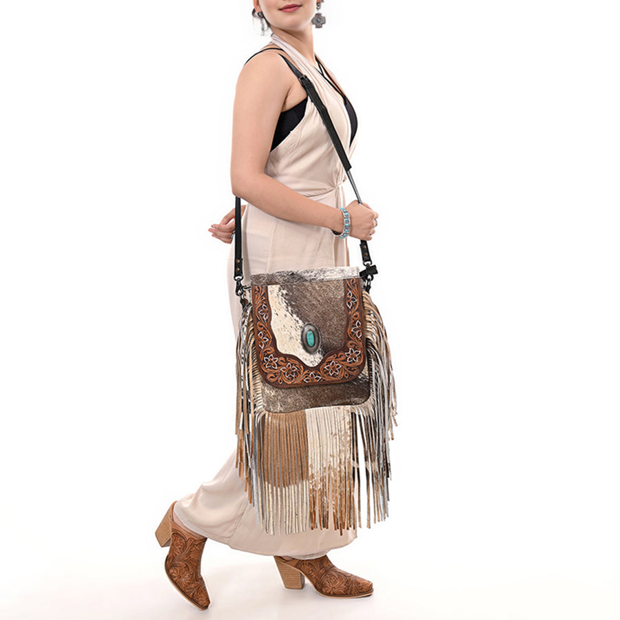 OHLAY Messenger Hand Tooled Hair-On Genuine Leather Women Bag Western Handbag Purse | Womens Handbags Belt for Summer