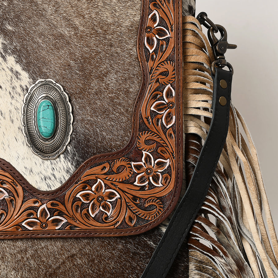 OHLAY Messenger Hand Tooled Hair-On Genuine Leather Women Bag Western Handbag Purse | Womens Handbags Belt for Summer