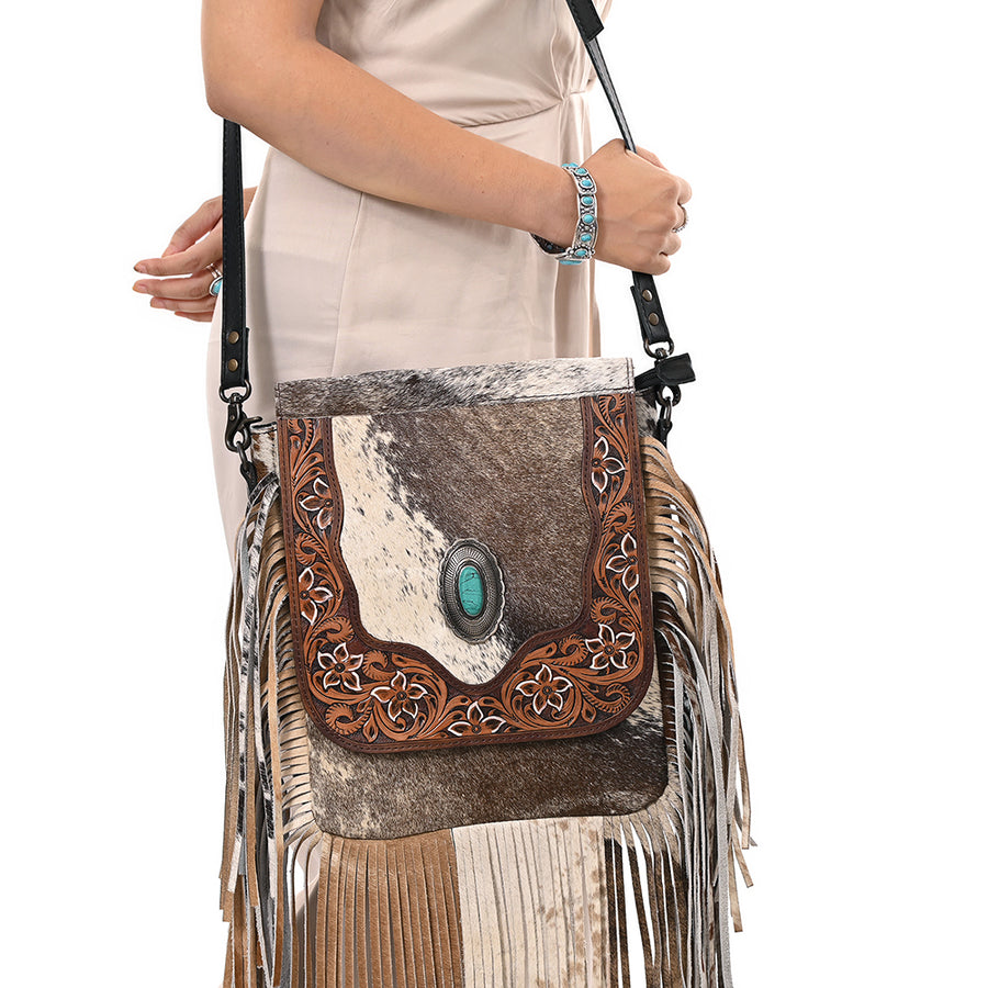 OHLAY Messenger Hand Tooled Hair-On Genuine Leather Women Bag Western Handbag Purse | Womens Handbags Belt for Summer