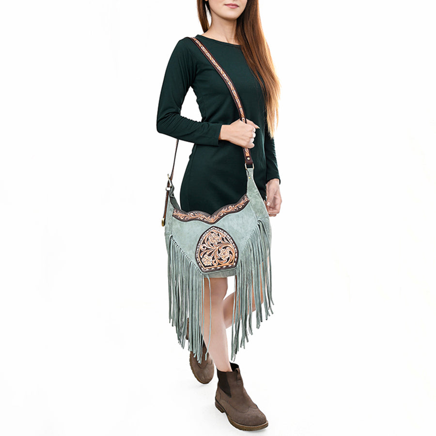 American Darling Fringed Hobo Bag Genuine Leather Hand Tooled Floral Carved Buck Stitched Western Purse YKK Zipper