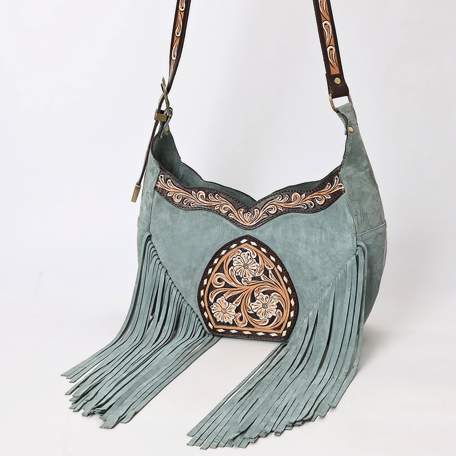 American Darling Genuine Leather Fringed Hobo Bag Hand Tooled Floral Carved - Uhorse