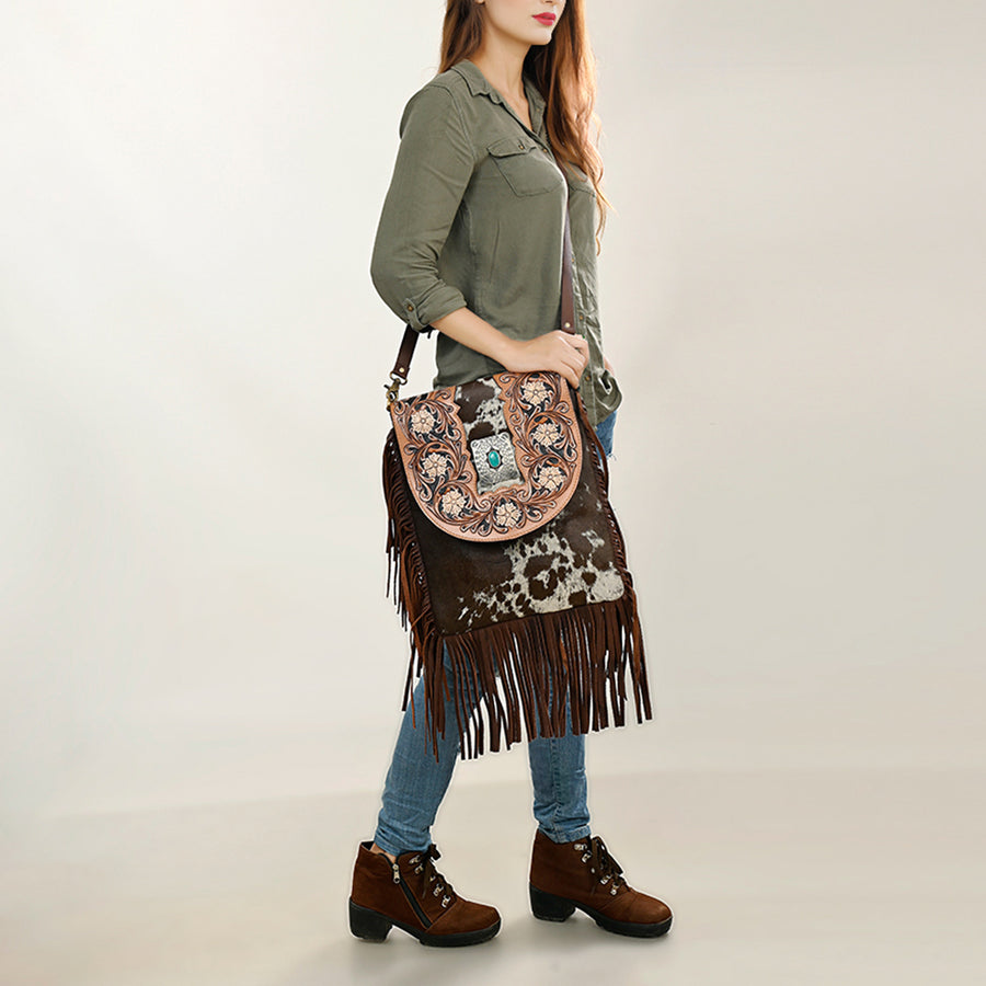 American Darling Hand Tooled Floral Carved Messenger Bag Hair-On Cowhide Leather Fringe Turquoise Concho YKK Zipper