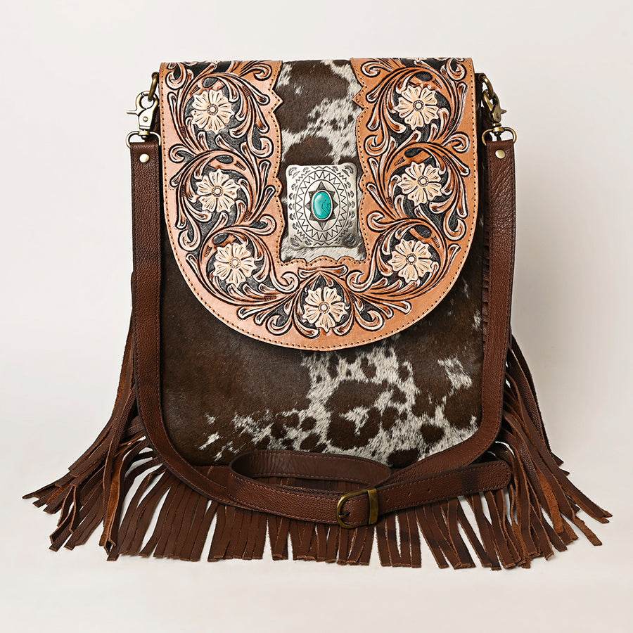 American Darling Hand Tooled Floral Carved Messenger Bag Hair-On Cowhide Leather Fringe Turquoise Concho YKK Zipper