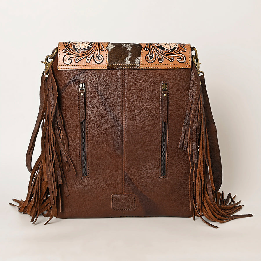 American Darling Hand Tooled Floral Carved Messenger Bag Hair-On Cowhide Leather Fringe Turquoise Concho YKK Zipper