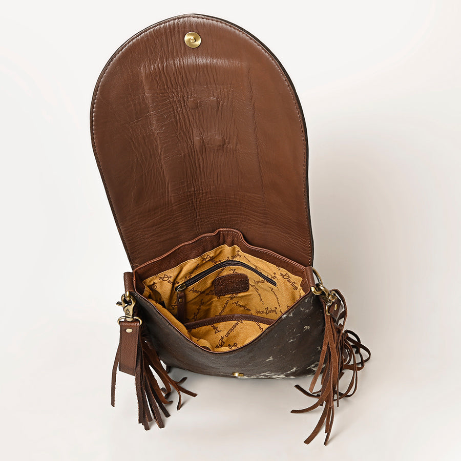 American Darling Hand Tooled Floral Carved Messenger Bag Hair-On Cowhide Leather Fringe Turquoise Concho YKK Zipper