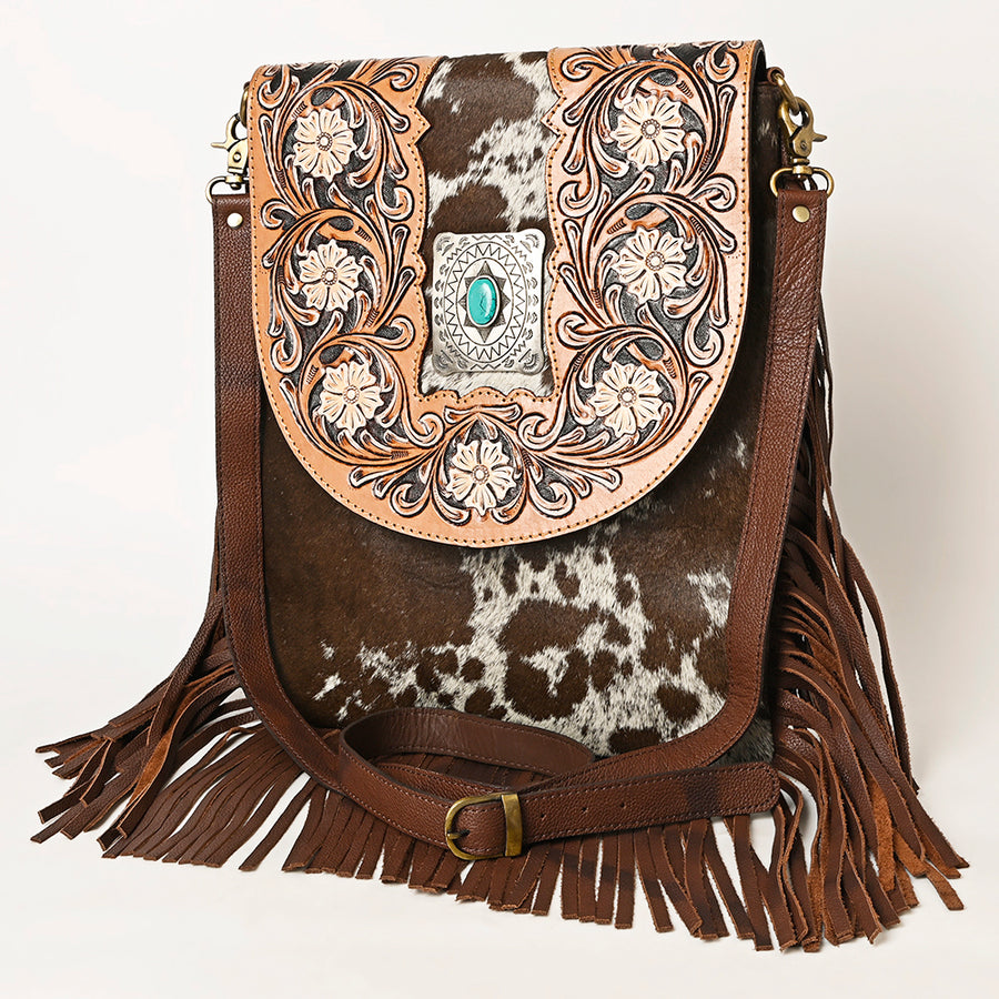 American Darling Hair-On Cowhide Fringed Messenger Bag Tooled Leather - Uhorse