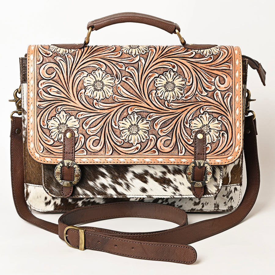 American Darling Hand Tooled Floral Carved Briefcase Hair-On Cowhide Vegetable-Tanned Genuine Leather Buck Stitched YKK Zipper